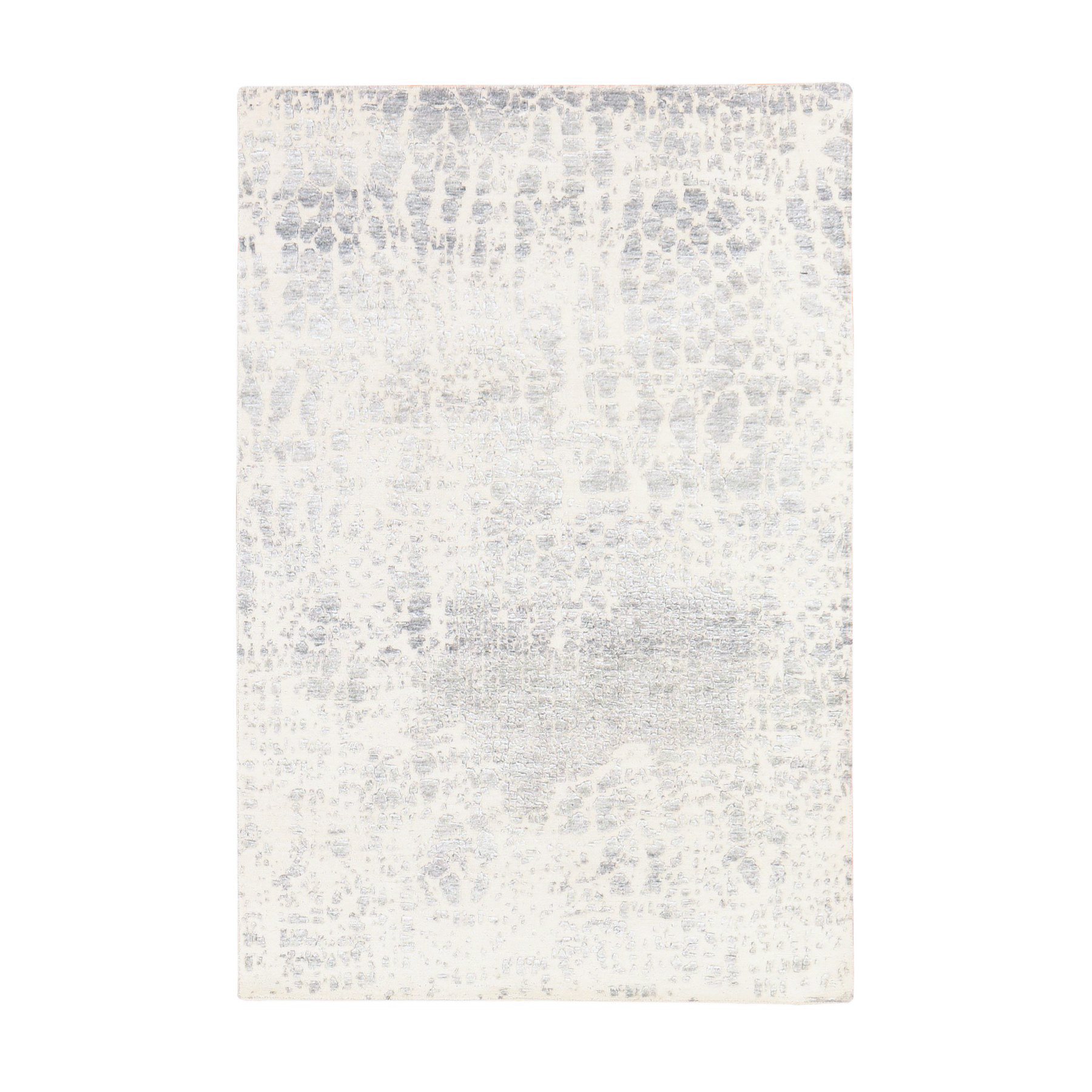 4'x6' Pastel Gray, Abstract Design, Wool and Silk, Hi-Low Pile, Denser Weave, Hand Knotted, Oriental Rug 